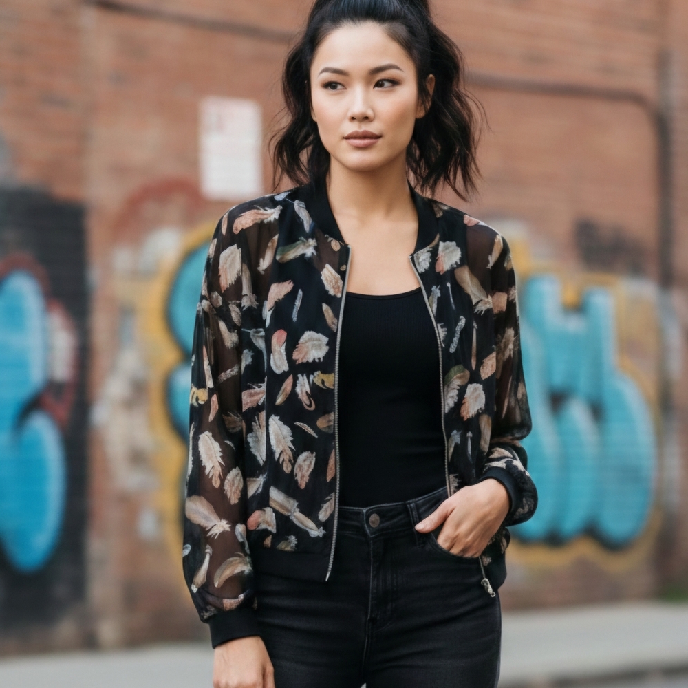 NEW Korean Sexy See Through Feather Bomber Jacket
